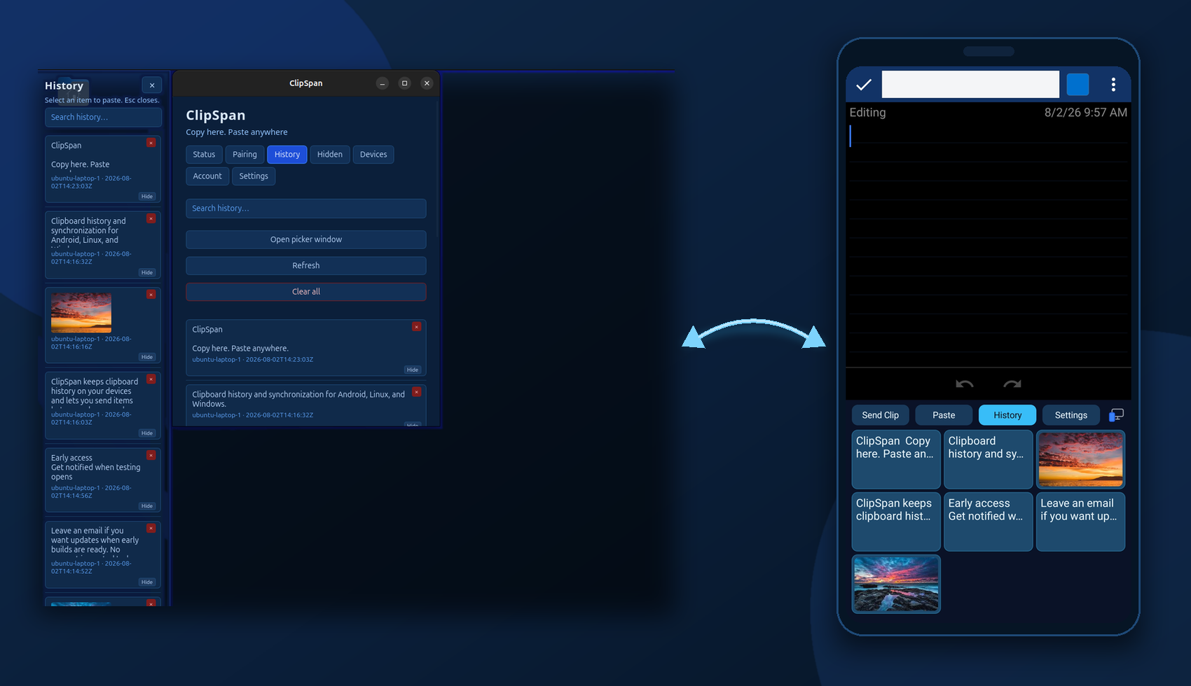 ClipSpan on Linux desktop syncing with Android history over a note app